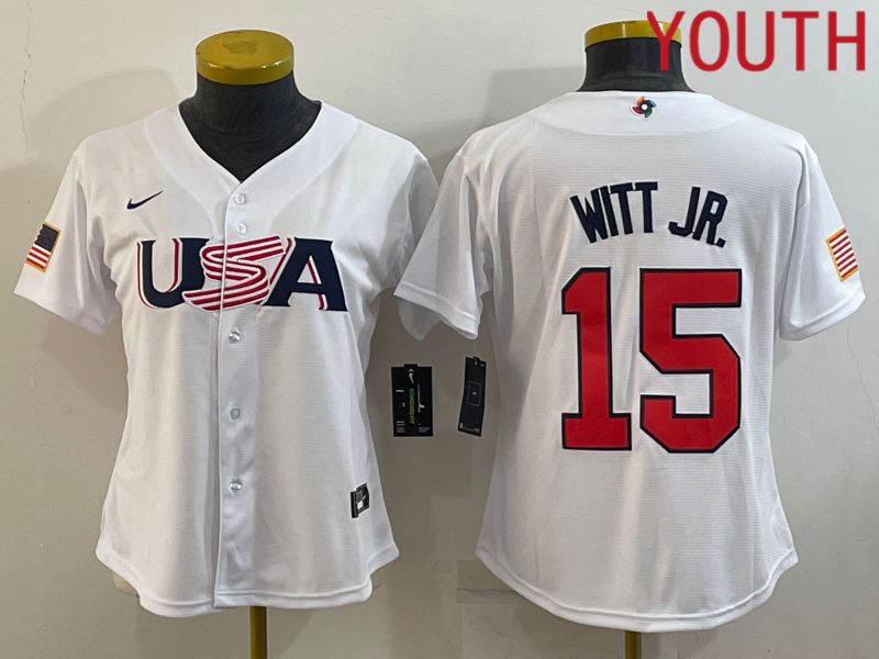 Youth 2023 World Cub USA #15 Witt jr White MLB Jersey6